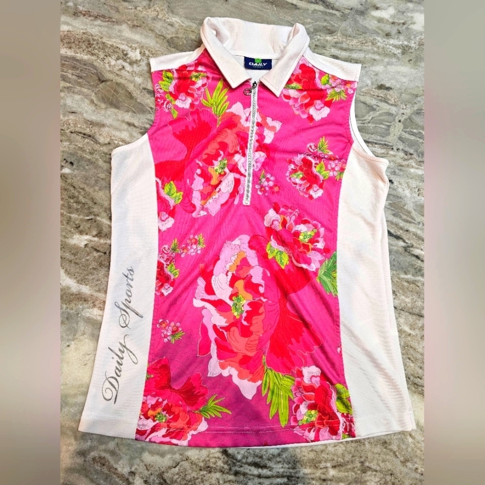Daily Sports Floral Golf Polo Shirt L Pink White Zip Sleeveless Activewear